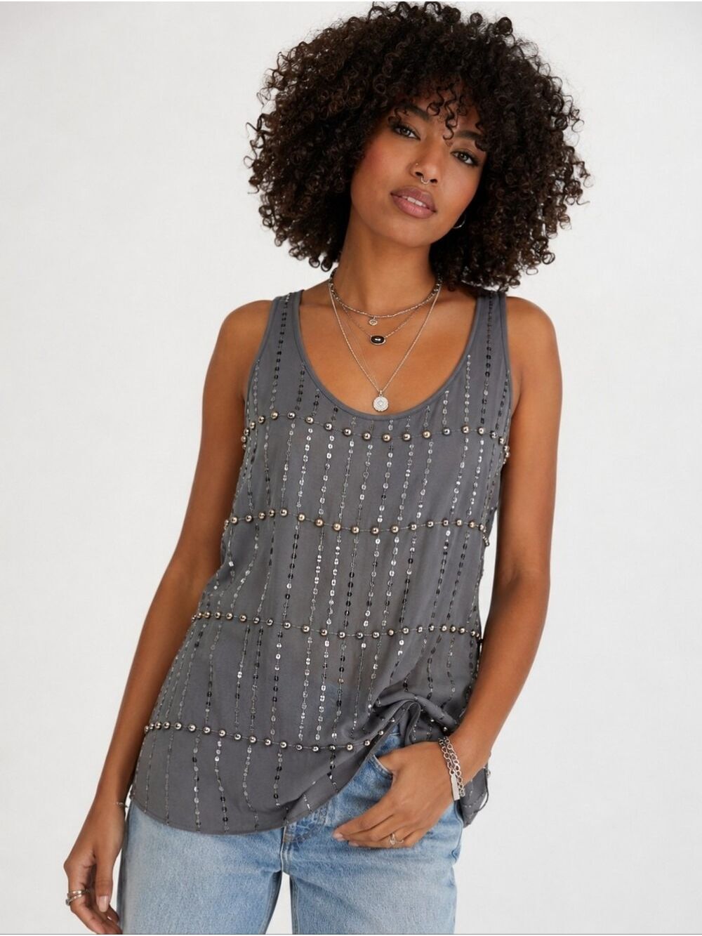 EXPRESS METALLIC BEADED SEQUIN RACERBACK TANK TOP GRAY MEDIUM